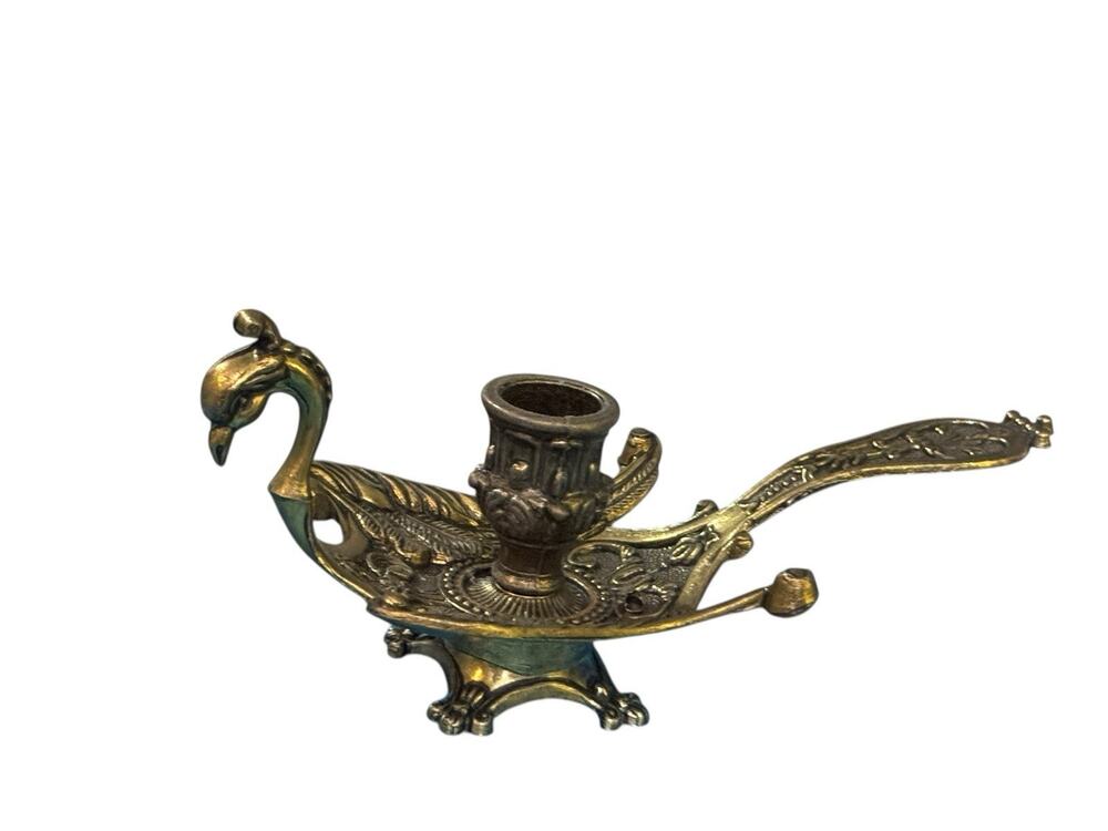 Vintage Brass Peacock Candlestick Holder Chamberstick Made In Italy MCM